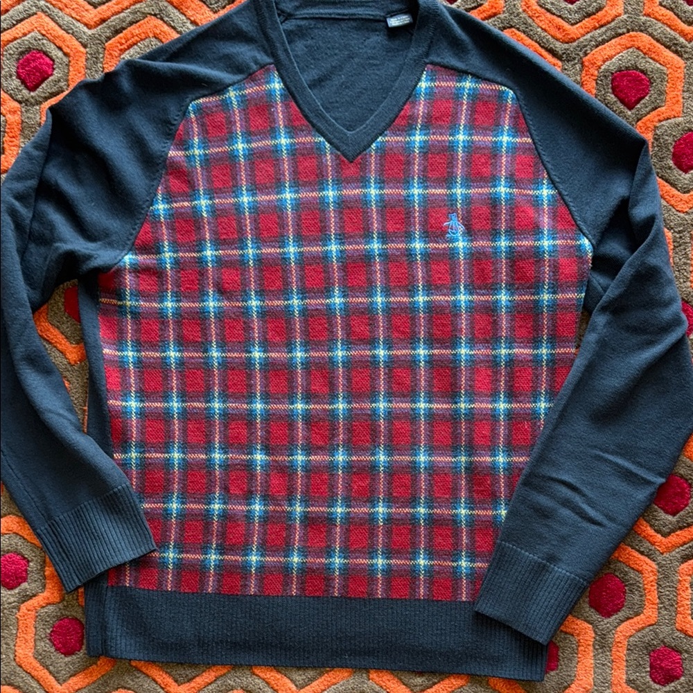 Original Penguin V-Neck Plaid Tartan Wool Sweater Black and Red Men's M/L
